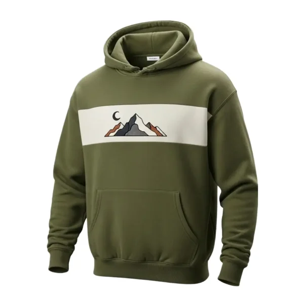 Front of an olive green hoodie featuring a white color-block band across the chest with a stylized mountain and moon graphic.