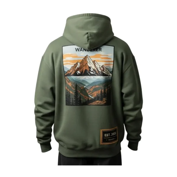 Back of the olive green pullover, displaying a large, colorful box graphic split between a rugged mountain view and a dense forest valley, along with a small established date patch.