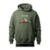 Front of an olive green hoodie with the text 'WANDERER' above a brown and white colored mountain landscape graphic on the chest.