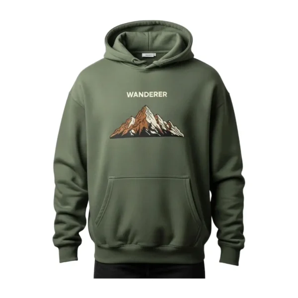 Front of an olive green hoodie with the text 'WANDERER' above a brown and white colored mountain landscape graphic on the chest.