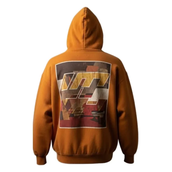Rear of the hoodie, showcasing the continuation of the geometric abstract print across the entire back panel.