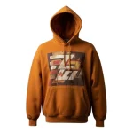 Front of an orange pullover hoodie featuring a large, complex abstract graphic composed of various geometric shapes and colors like brown, white, and red on the chest.