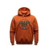Front of a bright orange pullover hoodie featuring a retro graphic of a boombox and text reading 'GOLDEN ERA' in varsity-style lettering.