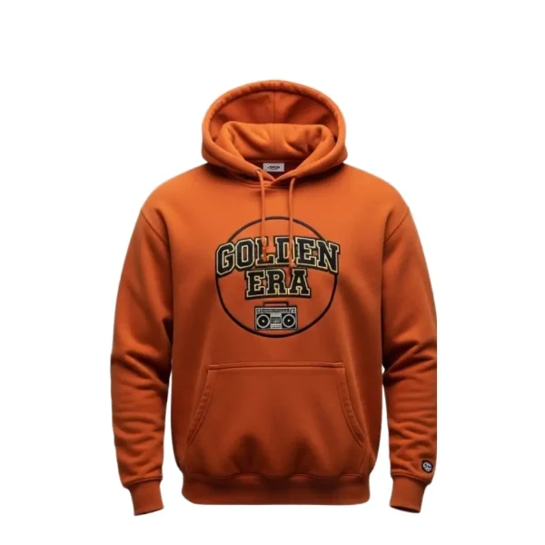 Front of a bright orange pullover hoodie featuring a retro graphic of a boombox and text reading 'GOLDEN ERA' in varsity-style lettering.