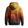 Rear of the hoodie, highlighting the continuous abstract color swirl pattern that blends from bright orange/yellow down to a deep, dark brown.