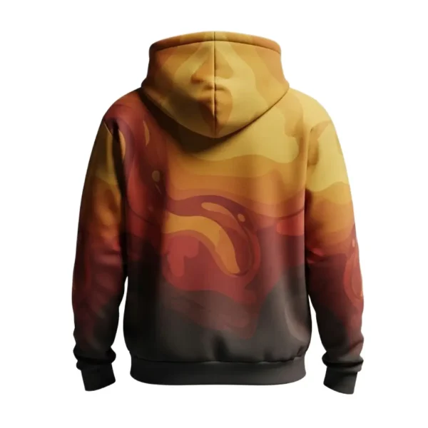Rear of the hoodie, highlighting the continuous abstract color swirl pattern that blends from bright orange/yellow down to a deep, dark brown.