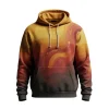 Front view of a pullover hoodie featuring an all-over sublimation print with a swirling orange, red, and yellow gradient design, fading to dark brown at the hem.