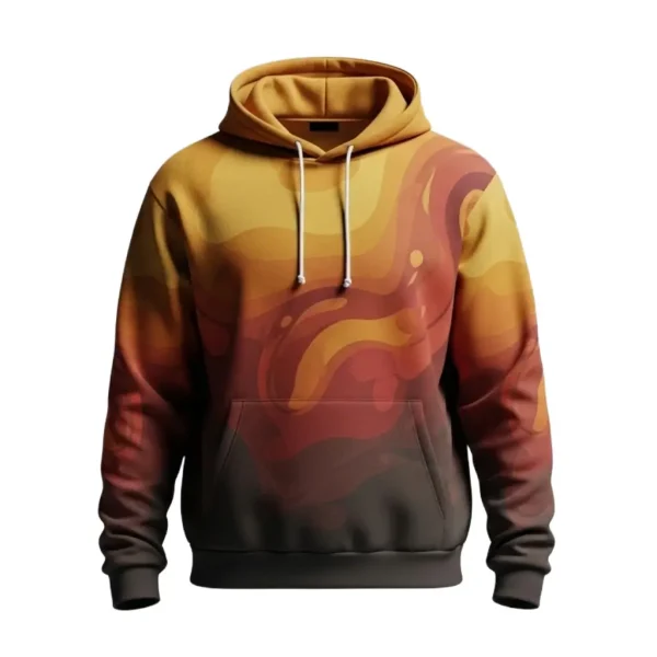 Front view of a pullover hoodie featuring an all-over sublimation print with a swirling orange, red, and yellow gradient design, fading to dark brown at the hem.
