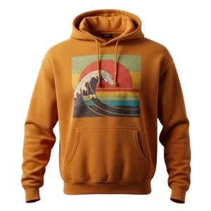 Front of an orange pullover hoodie featuring a retro-style square graphic of a Japanese wave over a sunset with horizontal color stripes.