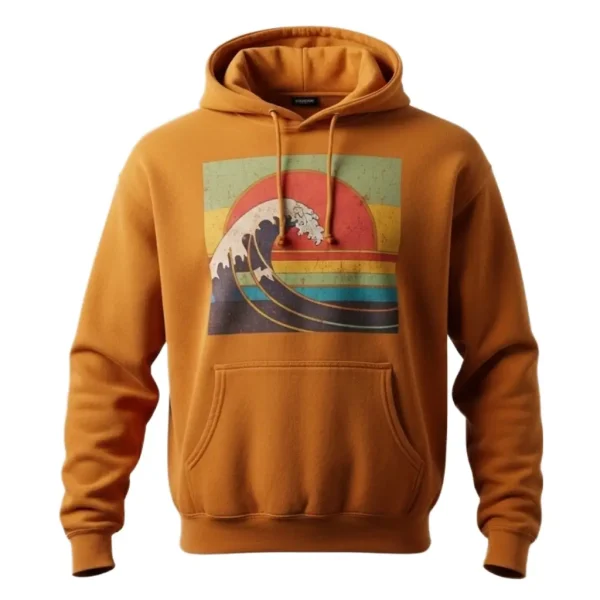 Front of an orange pullover hoodie featuring a retro-style square graphic of a Japanese wave over a sunset with horizontal color stripes.