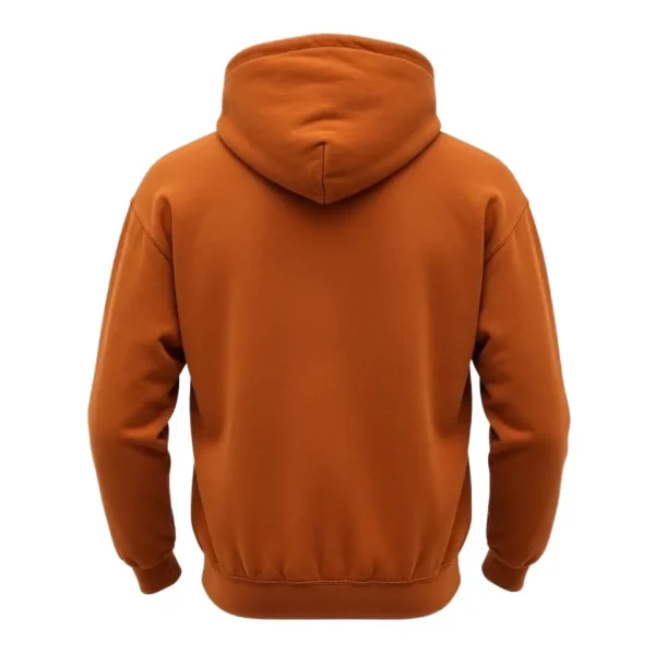 Rear view of the plain orange pullover, highlighting the soft texture of the material and the simple, unprinted back panel.