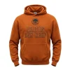 Front of an orange pullover hoodie with a graphic of a tree and roots logo above the phrase 'ROOTS RUN DEEP' in a thick, modern, outline font.