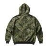 Rear view of the heavyweight hoodie, showcasing the continuous detailed green foliage and leaf camouflage print across the back, with a contrasting solid dark green ribbed hem.