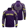 Image showing the front and back of a dynamic purple warm-up jacket with neon yellow accents, featuring "CHAMPIONS" on the front and a stunning rhinestone phoenix graphic on the reverse.