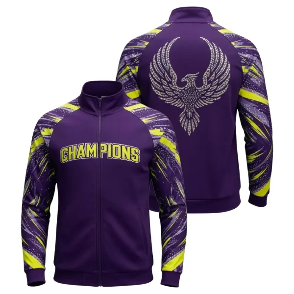 Image showing the front and back of a dynamic purple warm-up jacket with neon yellow accents, featuring "CHAMPIONS" on the front and a stunning rhinestone phoenix graphic on the reverse.