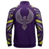Back view of the purple and neon yellow athletic jacket featuring a large, majestic phoenix emblem crafted entirely from brilliant silver and gold rhinestones.