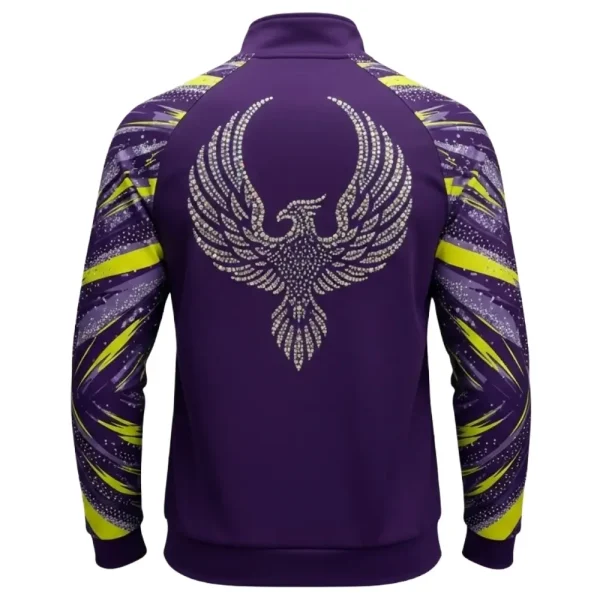 Back view of the purple and neon yellow athletic jacket featuring a large, majestic phoenix emblem crafted entirely from brilliant silver and gold rhinestones.