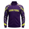 Purple full-zip warm-up jacket with neon yellow and abstract gray print on the raglan sleeves and "CHAMPIONS" written in bold yellow and white text across the chest.