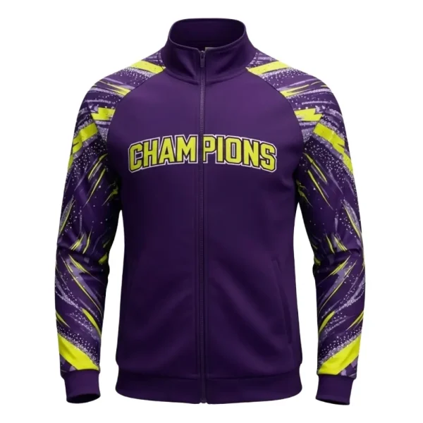 Purple full-zip warm-up jacket with neon yellow and abstract gray print on the raglan sleeves and "CHAMPIONS" written in bold yellow and white text across the chest.