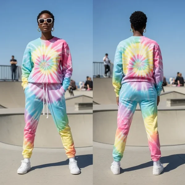 Front and back presentation of a bright, comfortable sweatsuit set in a bold pastel rainbow spiral tie-dye pattern, perfect for casual wear.