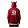 Rear view of the bright red hooded sweatshirt, showcasing a large, abstract-geometric version of the "URBAN LEGEND" logo printed in crisp white on the upper back.