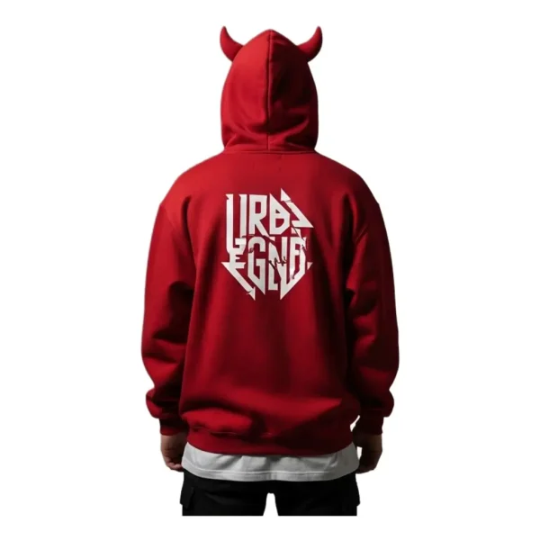 Rear view of the bright red hooded sweatshirt, showcasing a large, abstract-geometric version of the "URBAN LEGEND" logo printed in crisp white on the upper back.