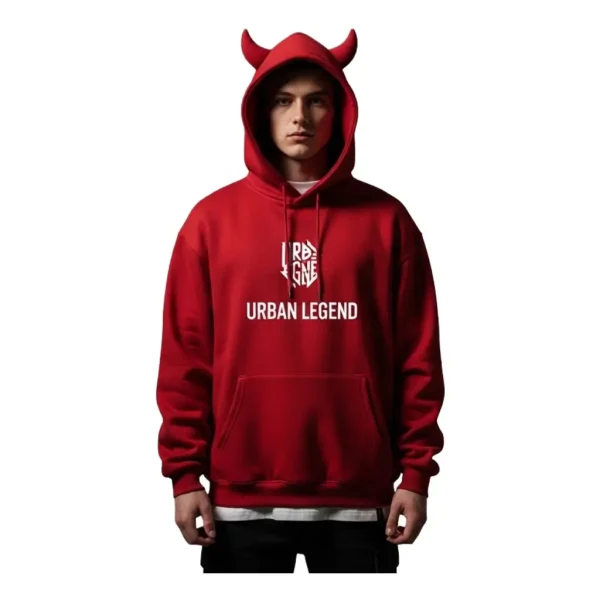 Oversized red hoodie with a playful, built-in devil horn design on the hood. The chest features a bold, white graphic logo above the text "URBAN LEGEND."