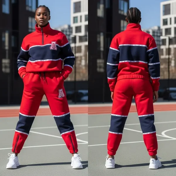 Full display showing the front and back of a striking red and navy college-style sweatsuit, with a quarter-zip top and pants featuring logo taping and zipper closures at the ankles.