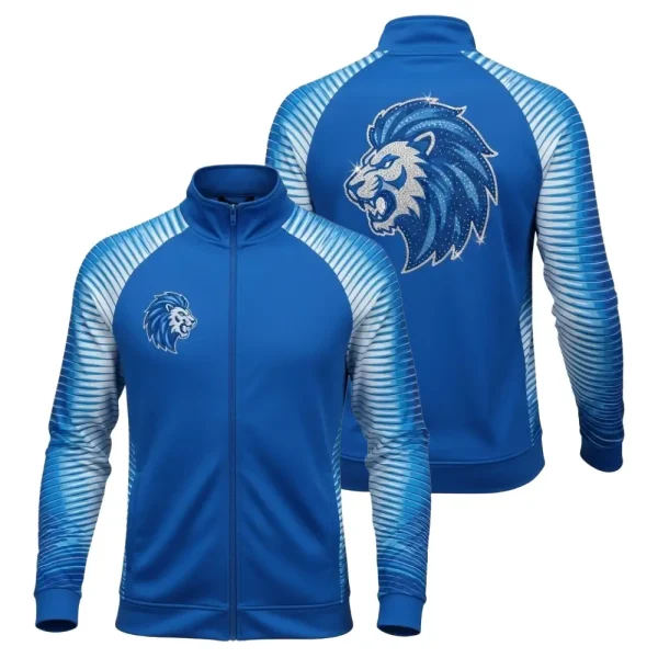 Two-panel image showing the front and back of a royal blue cheer warm-up jacket with white printed sleeves and a large, eye-catching blue and silver rhinestone lion logo on the back.