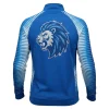 Back view of the royal blue warm-up jacket featuring a large, fierce lion head design on the upper back, intricately detailed with sparkling silver and blue rhinestones.