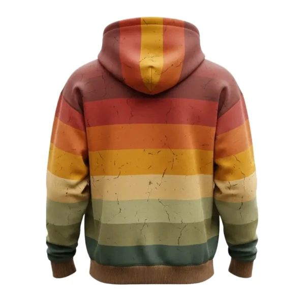 Rear of the hoodie, displaying the full-coverage horizontal retro stripe pattern with a distressed, cracked texture.