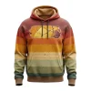 Front of a pullover hoodie featuring horizontal distressed stripes in colors like rust, orange, yellow, and olive, with a cracked earth graphic box printed on the chest.