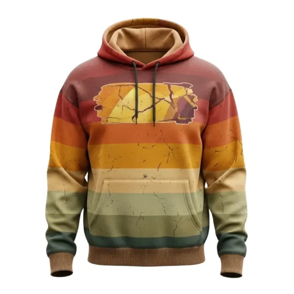 Front of a pullover hoodie featuring horizontal distressed stripes in colors like rust, orange, yellow, and olive, with a cracked earth graphic box printed on the chest.