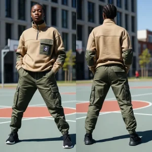 The front and back of a casual yet technical jogging suit, combining a tan mock-neck fleece top with roomy olive green cargo pants.