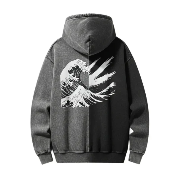 Rear of the split-color hoodie, showcasing a bold white graphic inspired by the Japanese Great Wave off Kanagawa printed over the color block panels.