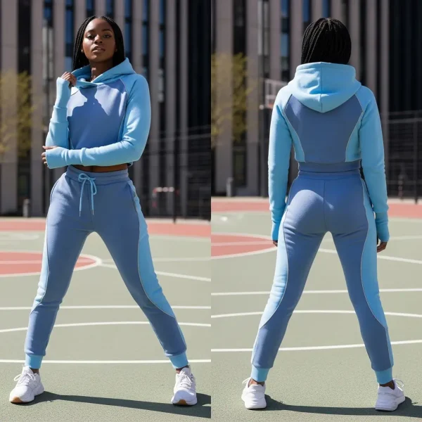 Front and back of a stylish, two-tone blue cropped hoodie and jogger set, designed with color-block contoured panels for an athletic look.