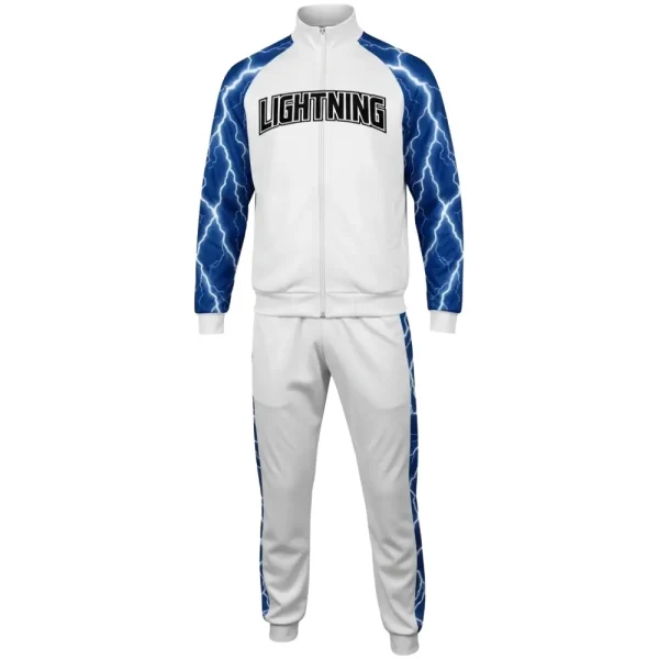 Front view of a white warm-up jacket and pants set featuring bright blue lightning bolt prints on the sleeves and the word "LIGHTNING" across the chest.