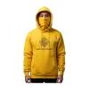 A vibrant, sunflower yellow pullover hoodie with a high neck that doubles as a face mask. The chest is printed with a black geometric logo and the inspiring phrase "CREATE YOUR OWN REALITY."
