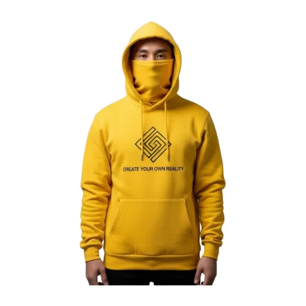 A vibrant, sunflower yellow pullover hoodie with a high neck that doubles as a face mask. The chest is printed with a black geometric logo and the inspiring phrase "CREATE YOUR OWN REALITY."