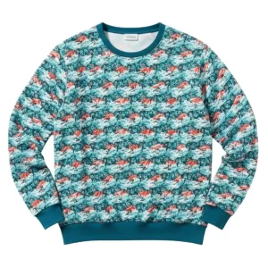 Crewneck sweatshirt featuring a bold, all-over sublimation print in teal, white, and orange. The pattern consists of a dense, repeating graphic that looks like stylized waves, palms, or tropical motifs.