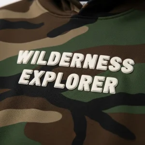 Closeup of custom camo hoodie with puff print text "WILDERNESS EXPLORER"