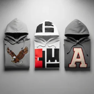A professional flat lay of three different custom hoodies showing embroidery, screen print, and appliqué techniques