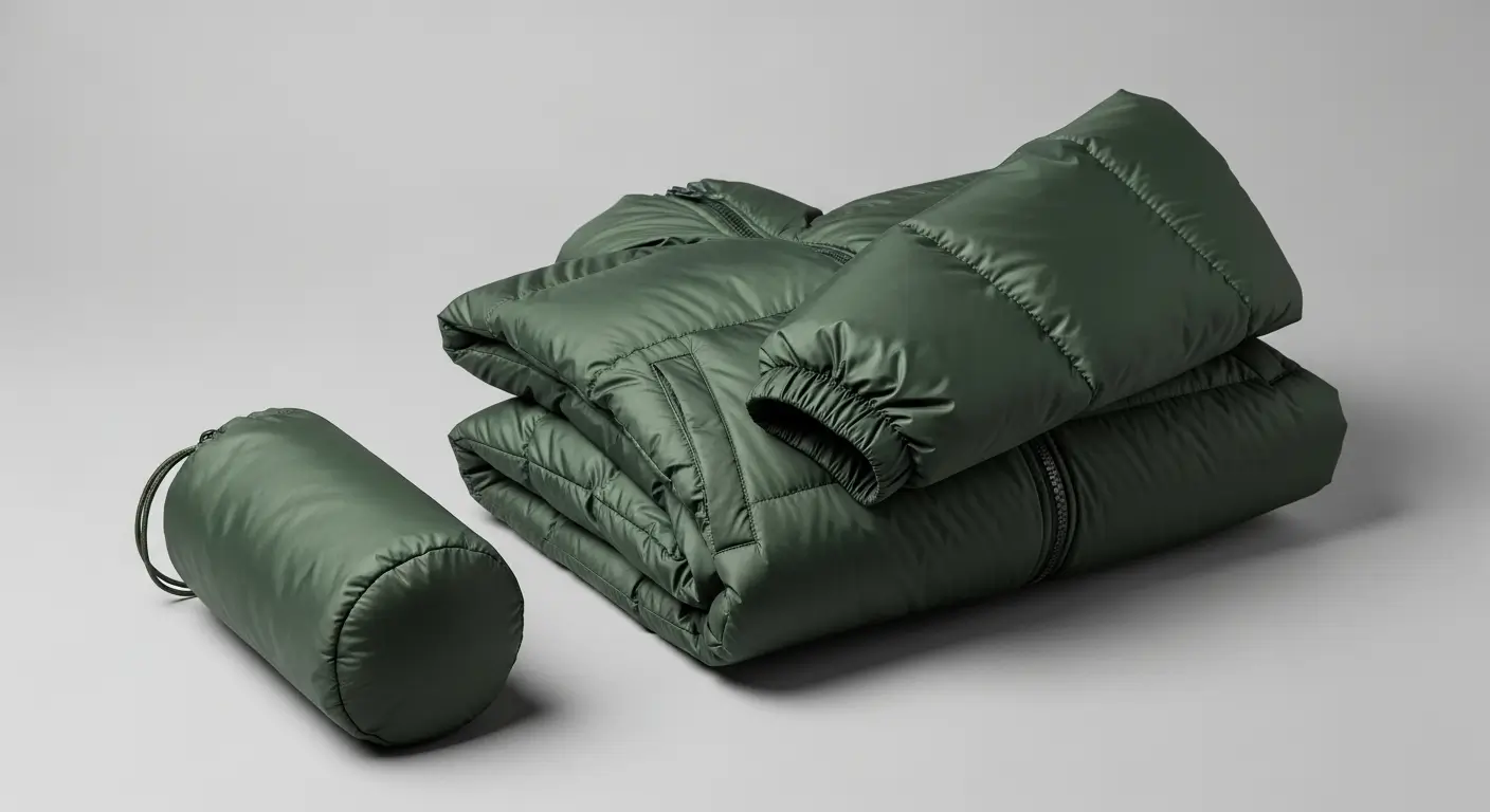 Dark green packable puffer jacket folded neatly next to its matching drawstring storage pouch. Travel outerwear flat lay.