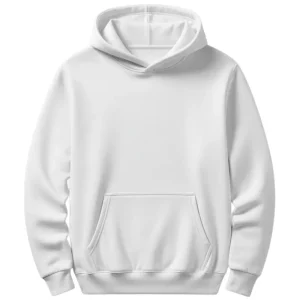 A blank white unisex hoodie with kangaroo pockets and without drawstrings