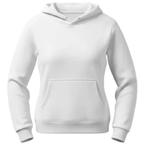 A blank white women hoodie with kangaroo pockets and without drawstrings