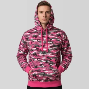 Front view of unisex pink woodland camo hoodie blank