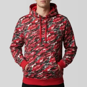 Front view of unisex red woodland camo hoodie blank