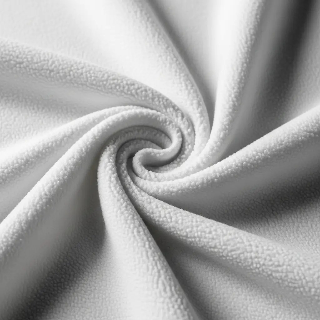 Closeup of white polyester fleece fabric twisted.