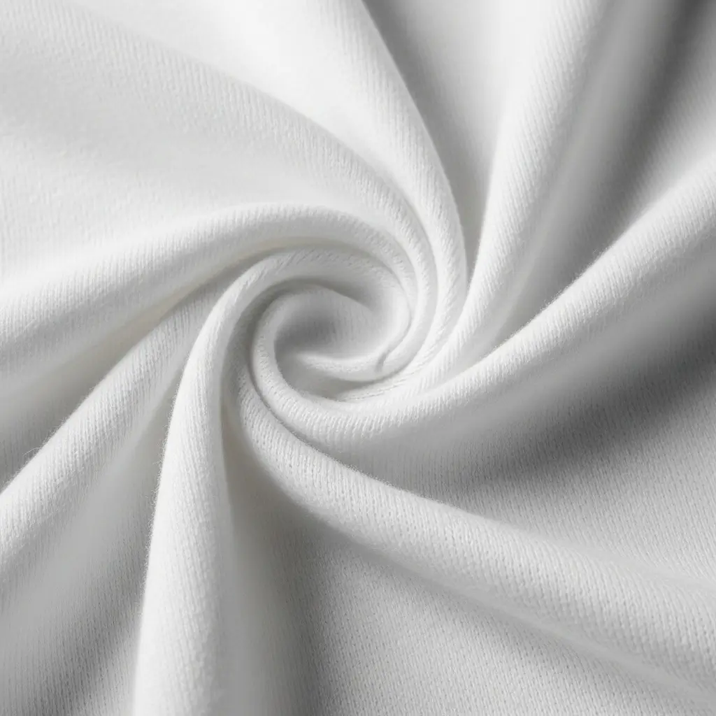 Closeup of white spun polyester fabric twisted.