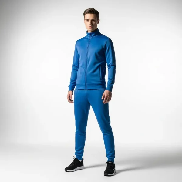 Blank blue athletic fit tracksuit.